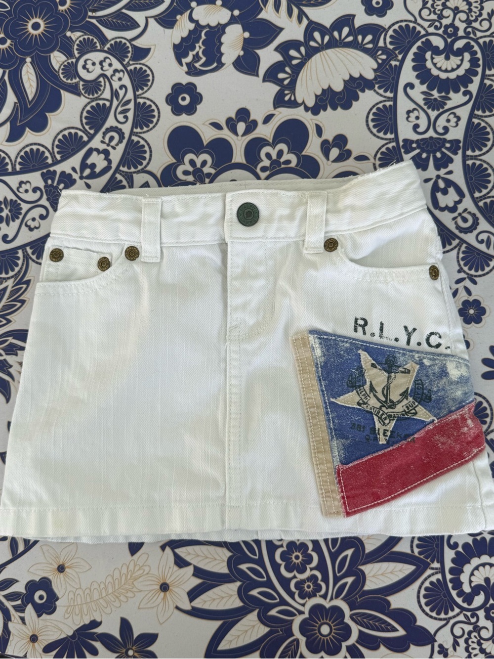 EUC 3/3T Polo Ralph Lauren Girls White Denim Jean Mini Skirt Nautical Patch
